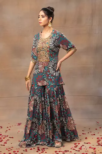 Green printed sharara set