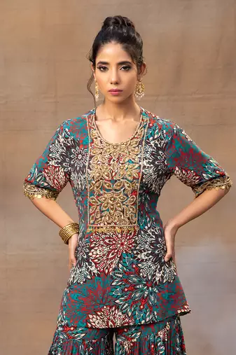 Green printed sharara set