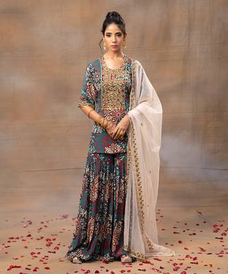 Green printed sharara and short kurta set 1
