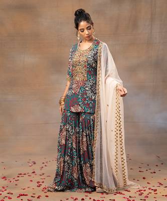 Green printed sharara and short kurta set 2