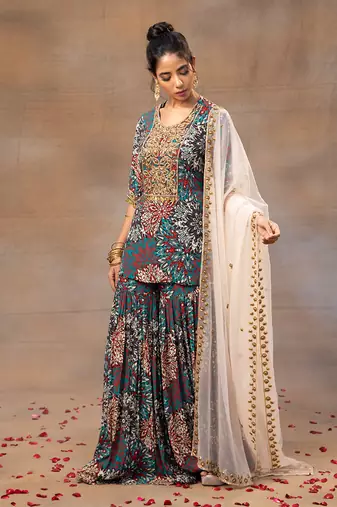 Green printed sharara and short kurta set