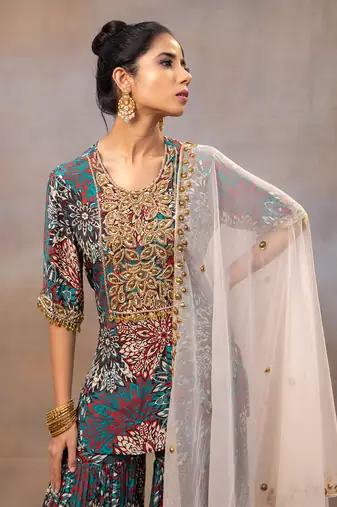 Green printed sharara and short kurta set