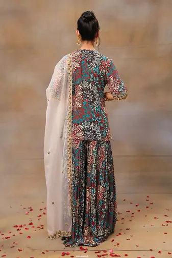Green printed sharara and short kurta set