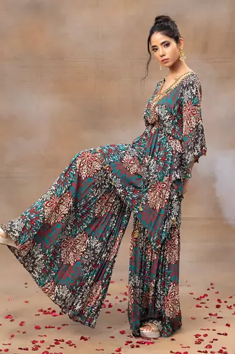Green printed sharara and kaftan set