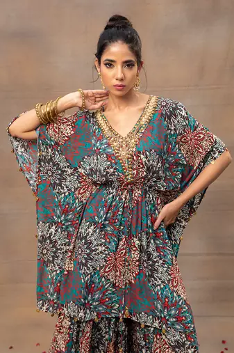 Green printed sharara and kaftan set