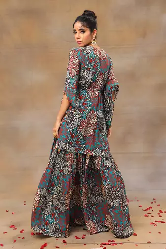 Green printed sharara and kaftan set