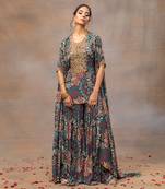 Green printed sharara and cape set