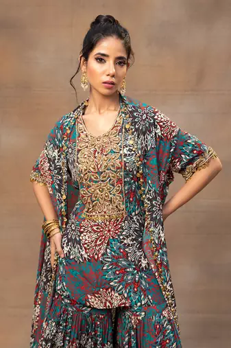 Green printed sharara and cape set