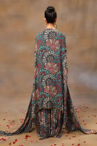 Green printed sharara and cape set