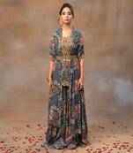 Green printed short kurta and cape set