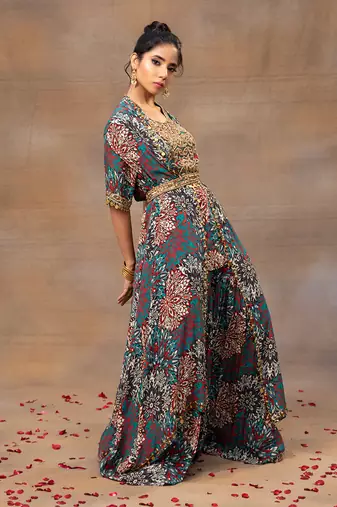 Green printed short kurta and cape set
