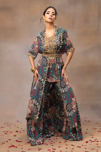Green printed short kurta and cape set