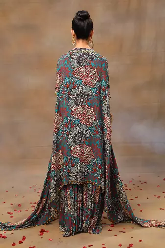 Green printed short kurta and cape set