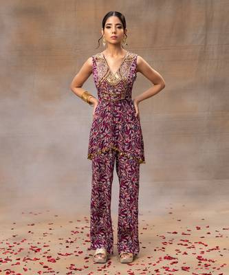 Purple printed asymmetrical top set 1