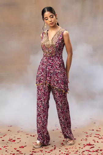 Purple printed asymmetrical top set