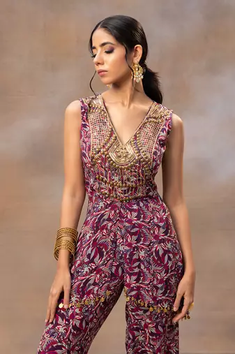 Purple printed asymmetrical top set