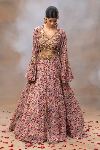 Ivory Printed Lehenga And Cape Set