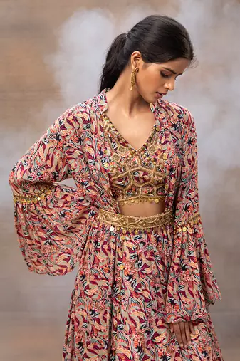Ivory Printed Lehenga And Cape Set