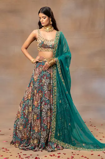Green Embroidered Lehenga Set