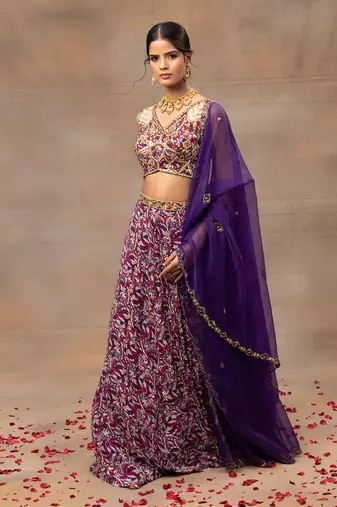 Purple Geometric Printed Lehenga Set
