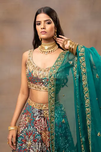 Green Embroidered Lehenga Set