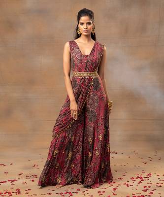 Pink printed saree jumpsuit 1