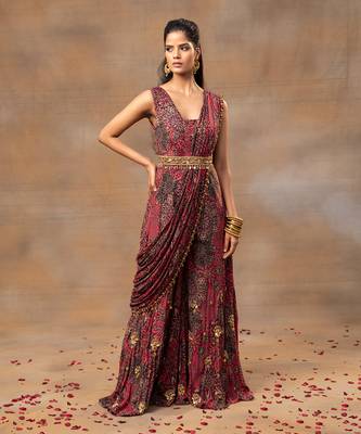 Pink printed saree jumpsuit 2