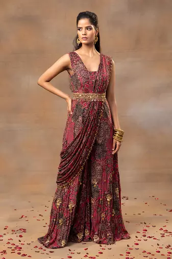 Pink printed saree jumpsuit
