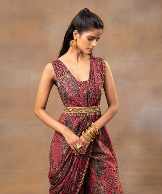 Pink printed saree jumpsuit 3