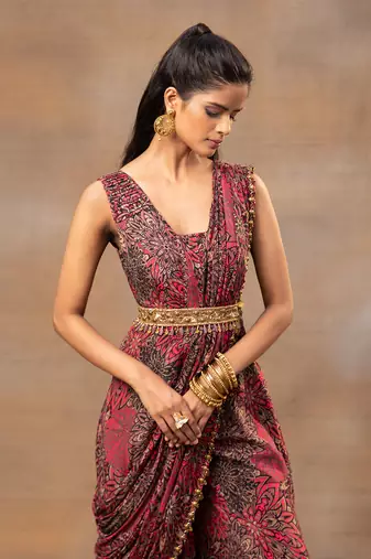 Pink printed saree jumpsuit