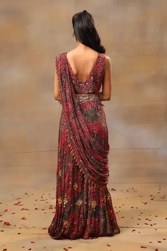 Pink printed saree jumpsuit