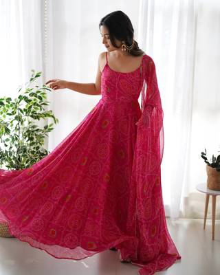 Pure Soft Lightweight Chiffon Fabric Bandhej Print Fully Flair Gown, Dupatta And Pent 3