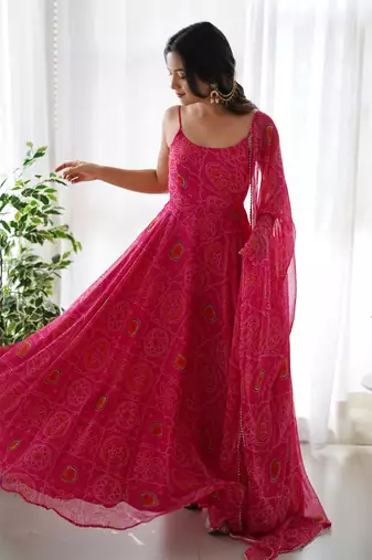 Pure Soft Lightweight Chiffon Fabric Bandhej Print Fully Flair Gown, Dupatta And Pent