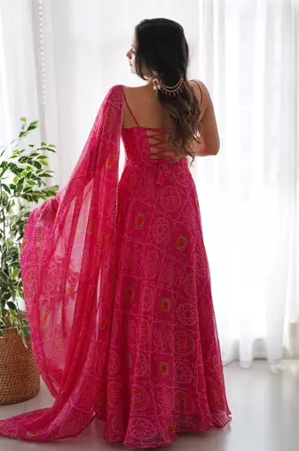 Pure Soft Lightweight Chiffon Fabric Bandhej Print Fully Flair Gown, Dupatta And Pent