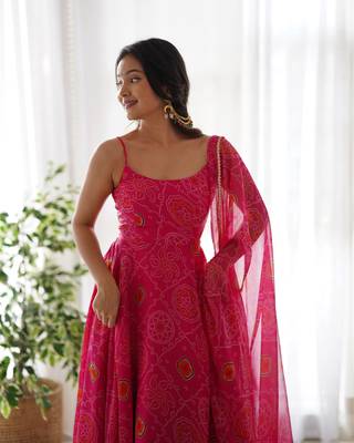Pure Soft Lightweight Chiffon Fabric Bandhej Print Fully Flair Gown, Dupatta And Pent 5