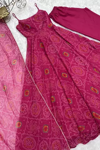 Pure Soft Lightweight Chiffon Fabric Bandhej Print Fully Flair Gown, Dupatta And Pent