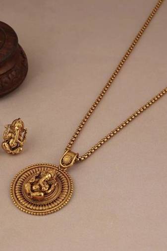 BEAUTIFUL GOLD PLATED GANESH PENDANT SET WITH EARRING | TEMPLE JEWELLERY