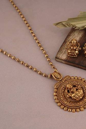 BEAUTIFUL GOLD PLATED LAXMI PENDANT SET WITH EARRING | TEMPLE JEWELLERY
