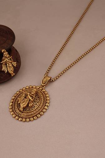 BEAUTIFUL GOLD PLATED KRISHNA PENDANT SET WITH EARRING | TEMPLE JEWELLERY