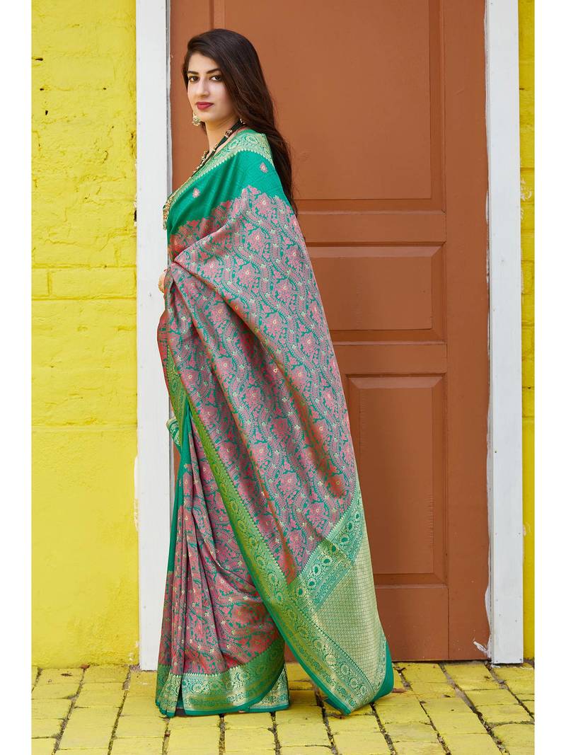 Multicolor Woven Faux Faux Kanjivaram Silk Saree With Blouse Piece