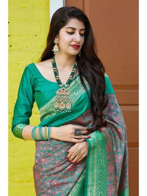 Multicolor Woven Faux Faux Kanjivaram Silk Saree With Blouse Piece 5