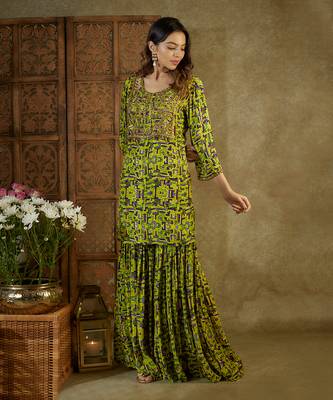 Green printed sharara set 1