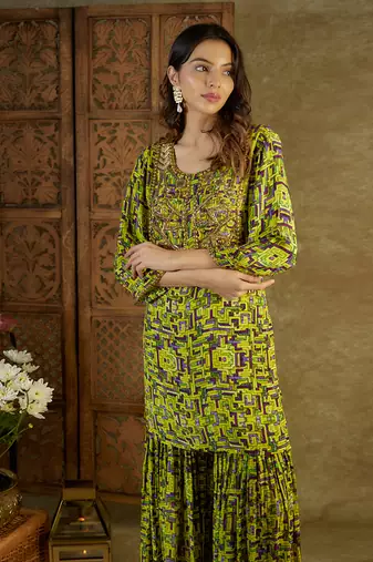 Green printed sharara set