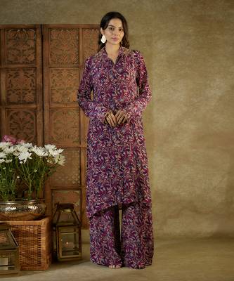 Purple printed long kurta set 1