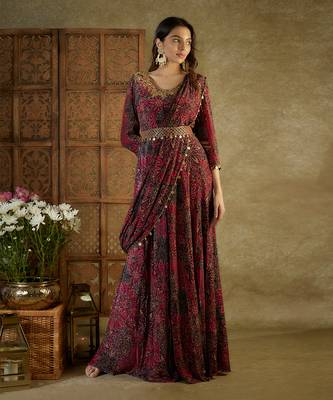 Pink printed anarkali with pre pleated drape 1
