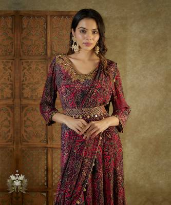 Pink printed anarkali with pre pleated drape 2
