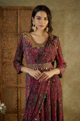Pink printed anarkali with pre pleated drape