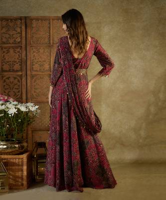 Pink printed anarkali with pre pleated drape 3