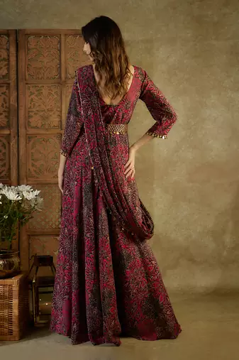 Pink printed anarkali with pre pleated drape