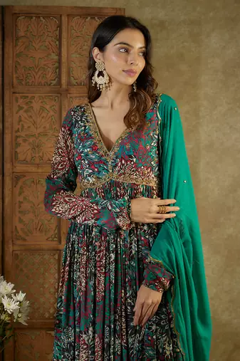 Green printed anarkali set